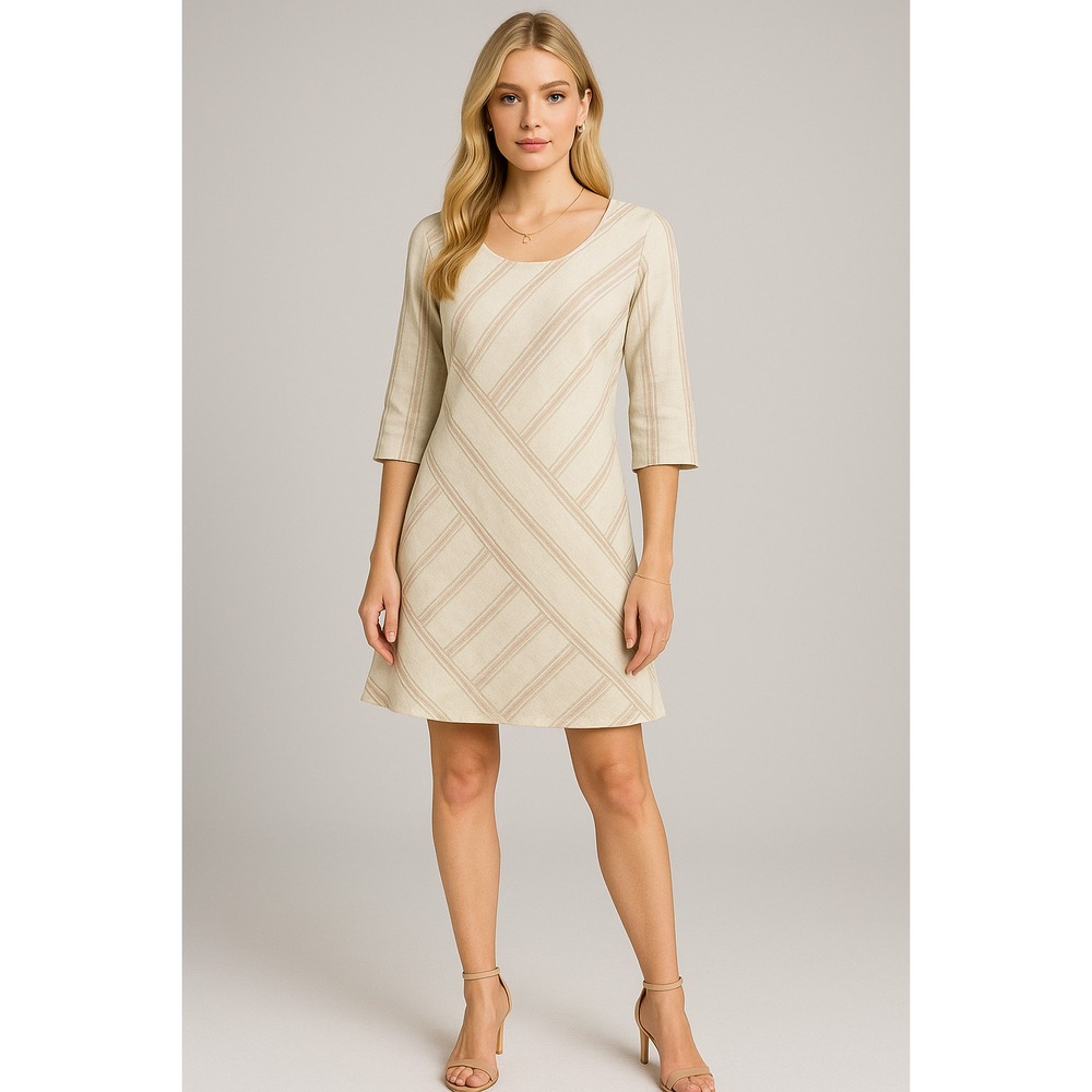 Soft Surroundings Dress Womens L Ivory Striped Linen Boho Tunic Lined Lagom‎ NEW